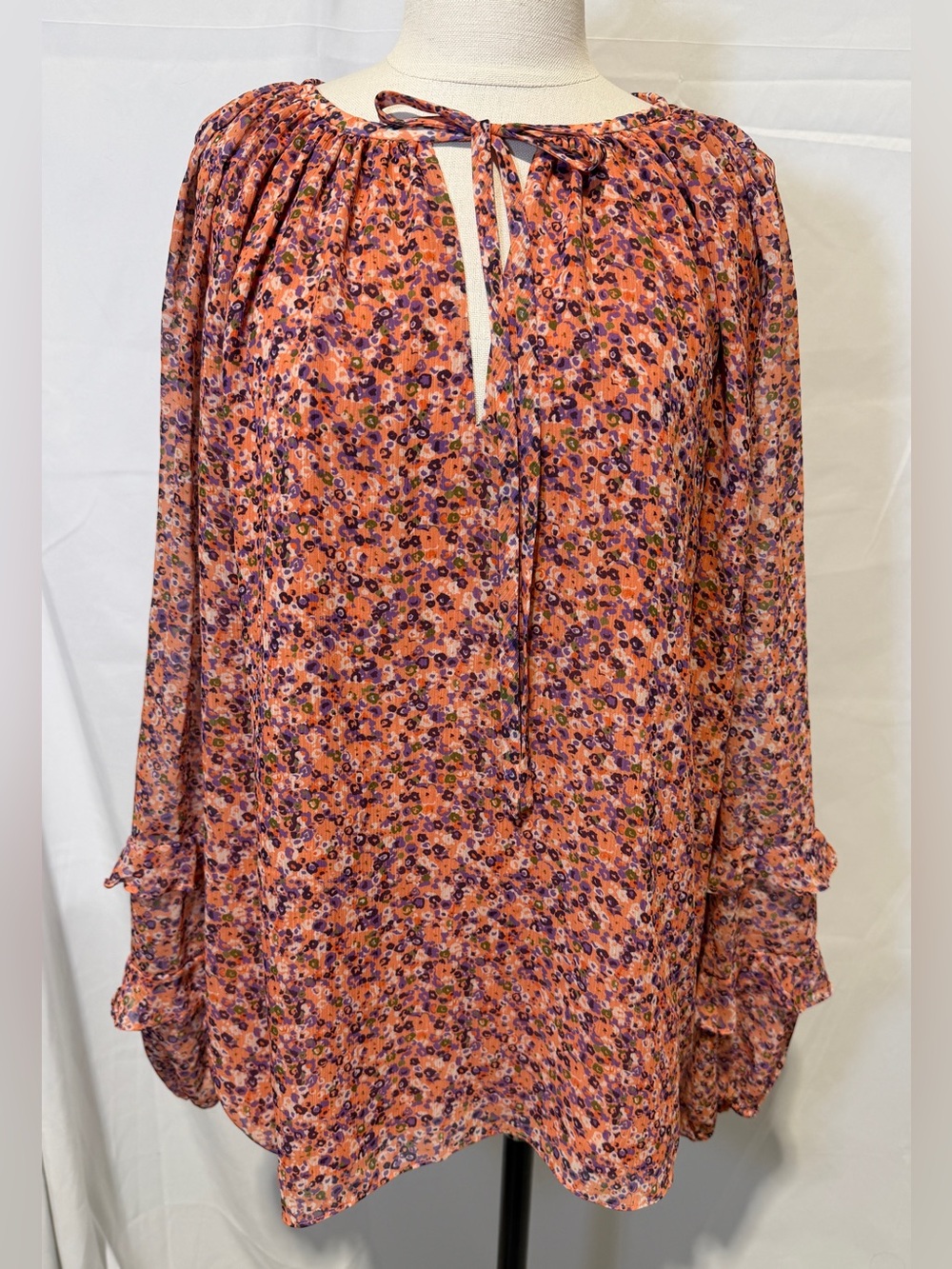 Ramy Brook Peach-Pink Floral Tie-Neck Blouse, Size XL